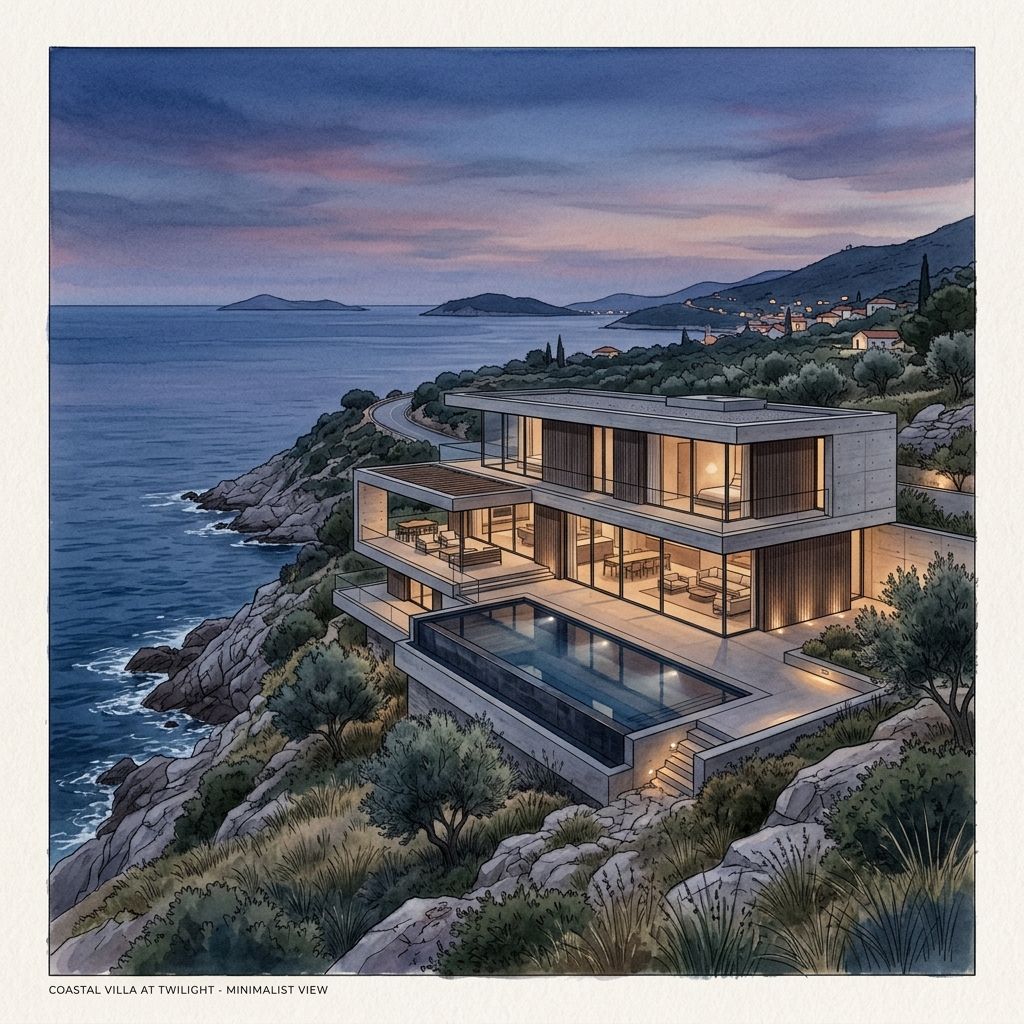 Minimalist architectural drawing of a coastal villa