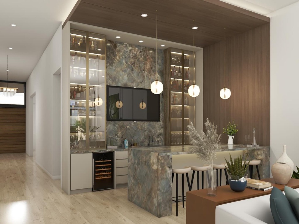 Bar de lujo con mármol y madera – proyecto destacado