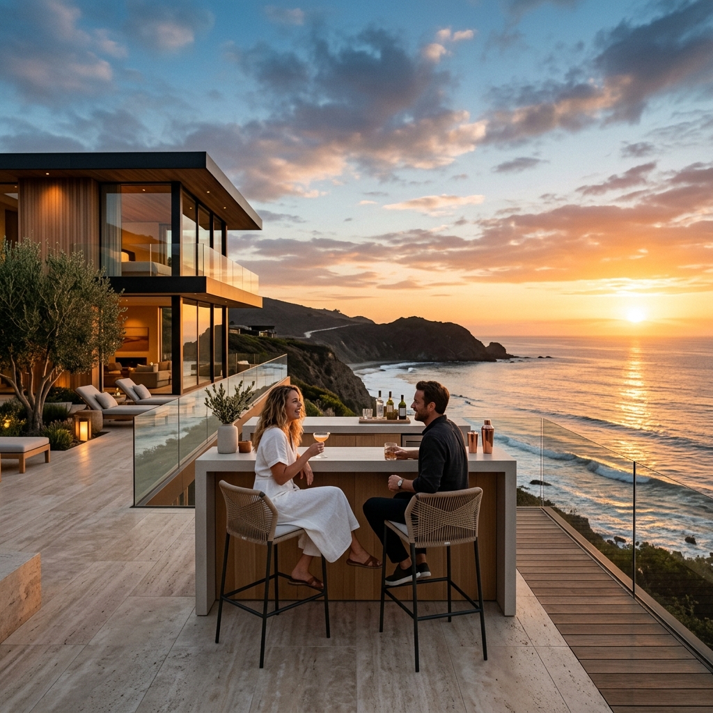 Luxury coastal home at sunset